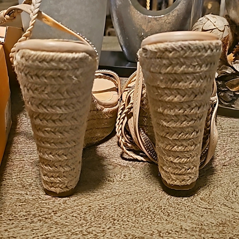 Peach/Cream/Blush platform wedges lace up legs
